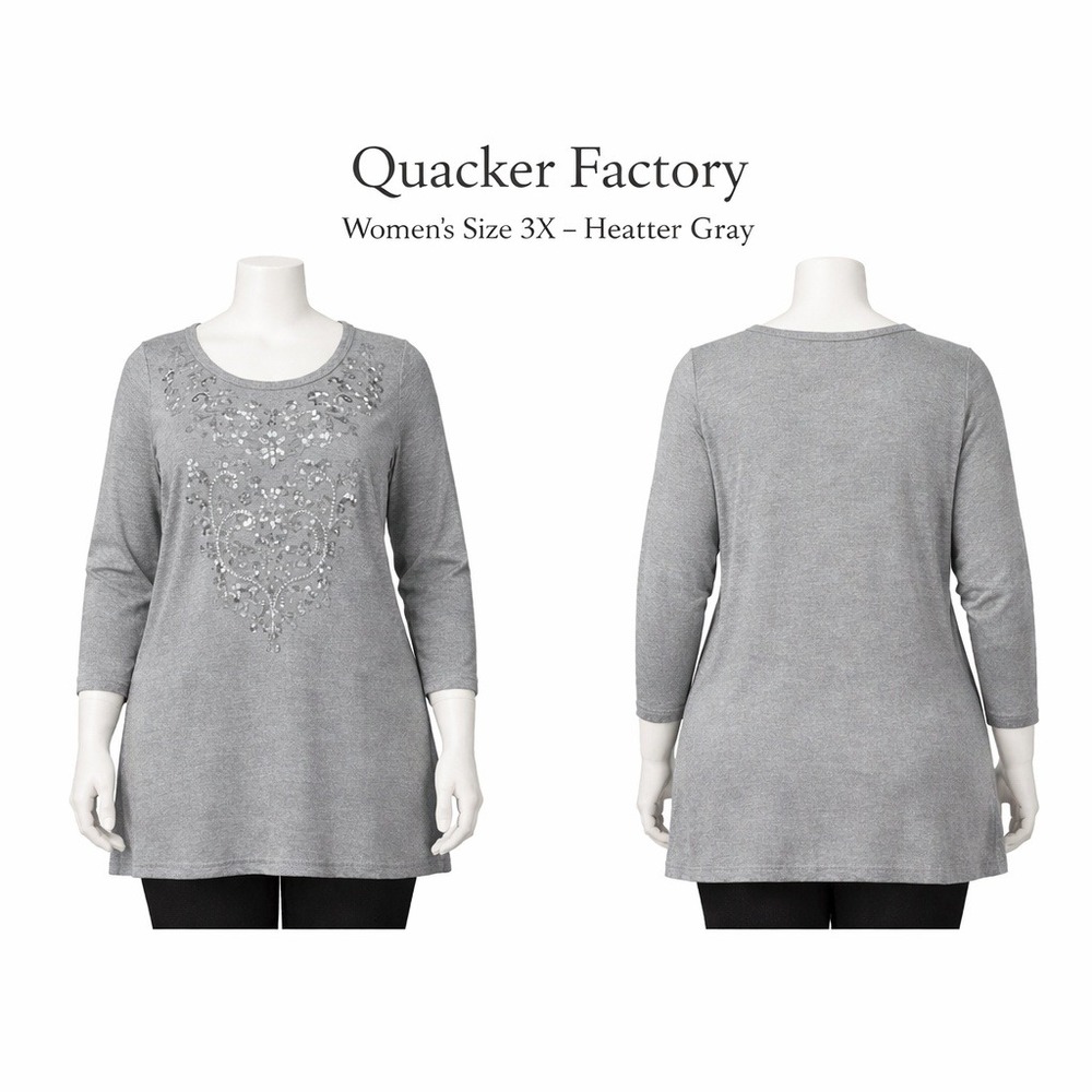 Quacker Factoryโ Womens 3X Gray Sequin Knit Shirt 3/4 Sleeve A225784 NWT